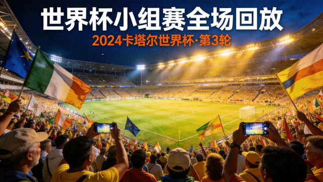 世界杯小组赛全场回放视频封面，球场夜间灯光与观众席
